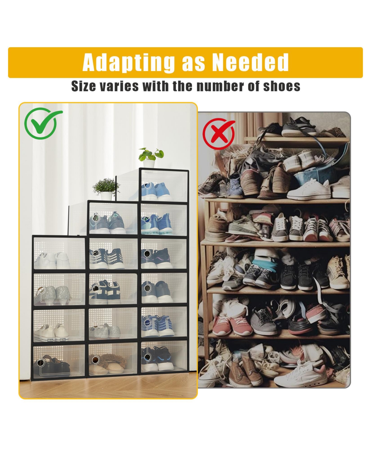 homfan 15Pieces Clear Collapsible Shoe Storage Boxes - Stackable Transparent Organizer Bins for Closet, Home, and Shoes Space-Saving