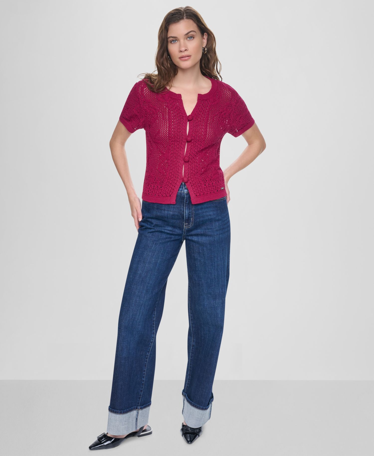 Women's Short-Sleeve Crewneck Cardigan