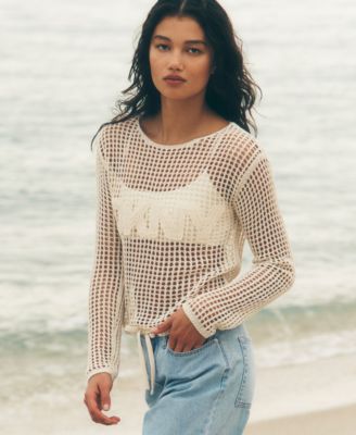 DKNY Jeans Women's Long-Sleeve Pointelle Crochet Open-Stitch Boat