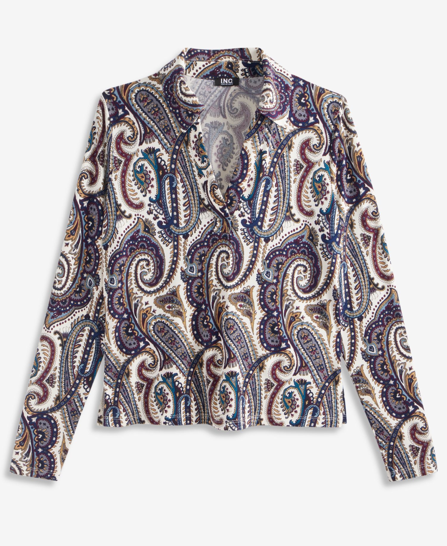 Petite Paisley Long-Sleeve Johnny Collar Top