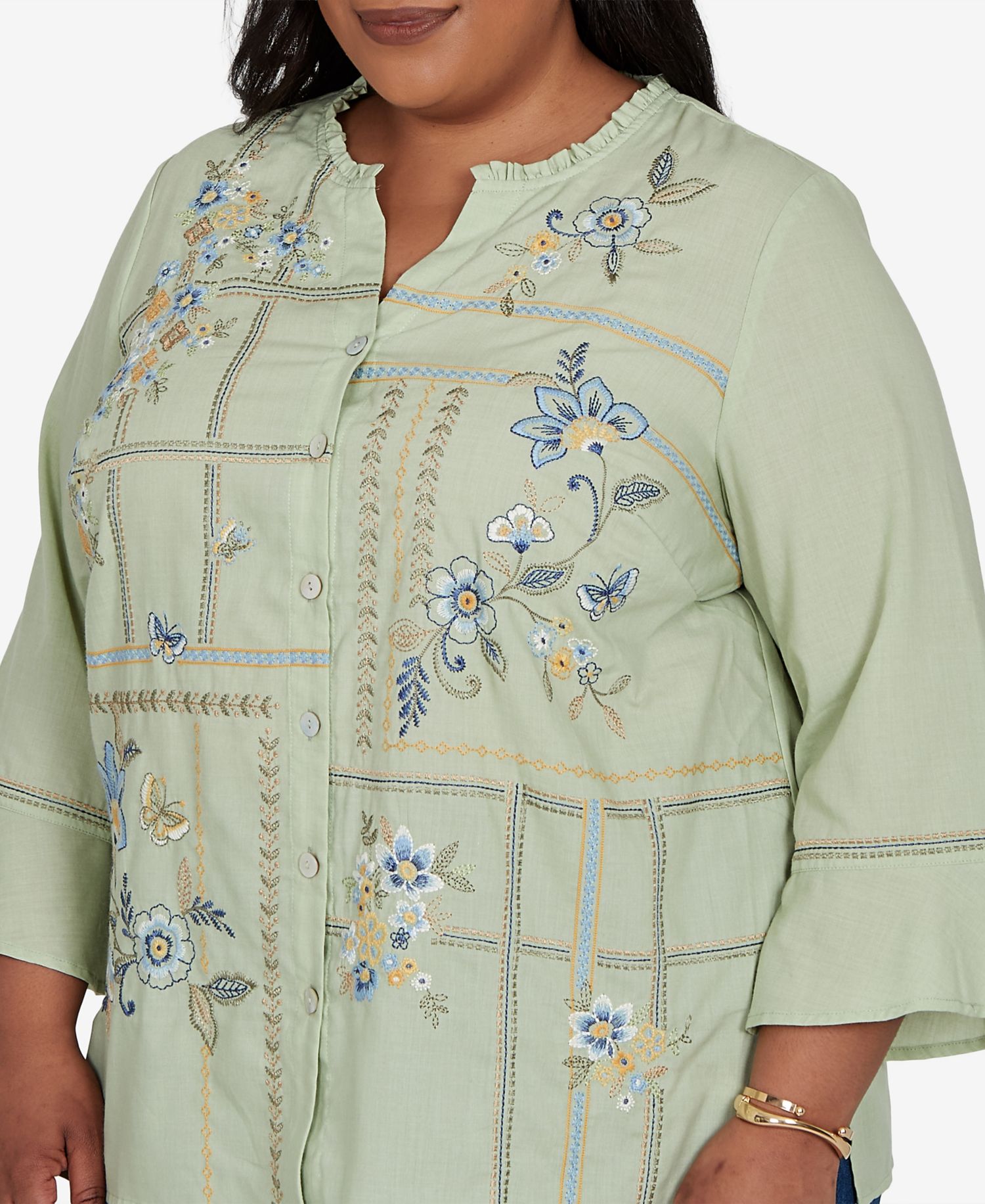 Plus Size Floral Embroidered Squares Button-Front Top