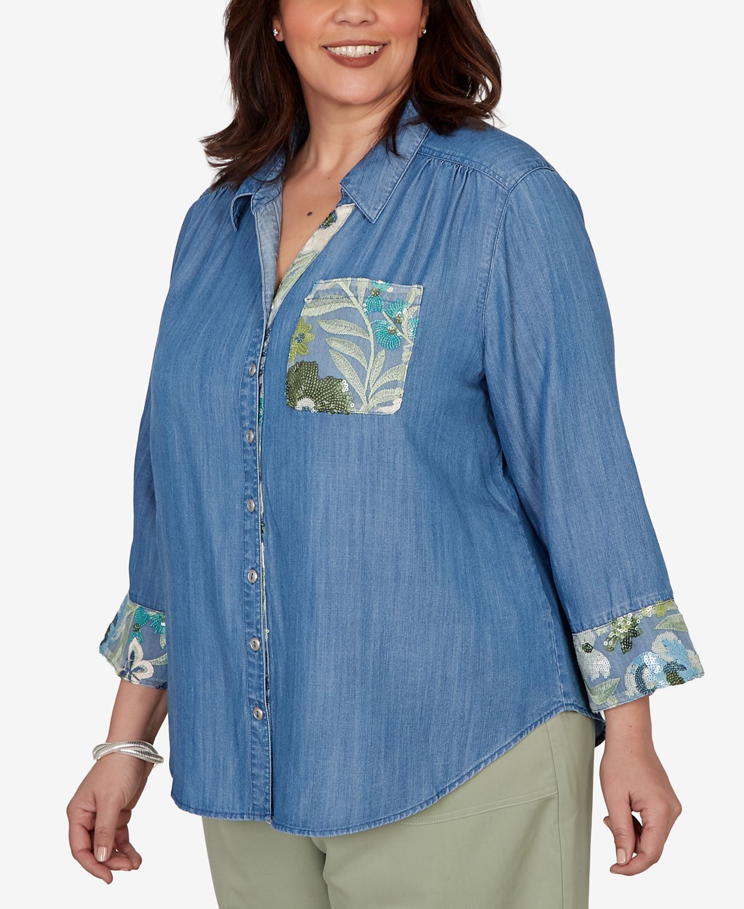 Plus Size Sequined Denim Button-Front Top