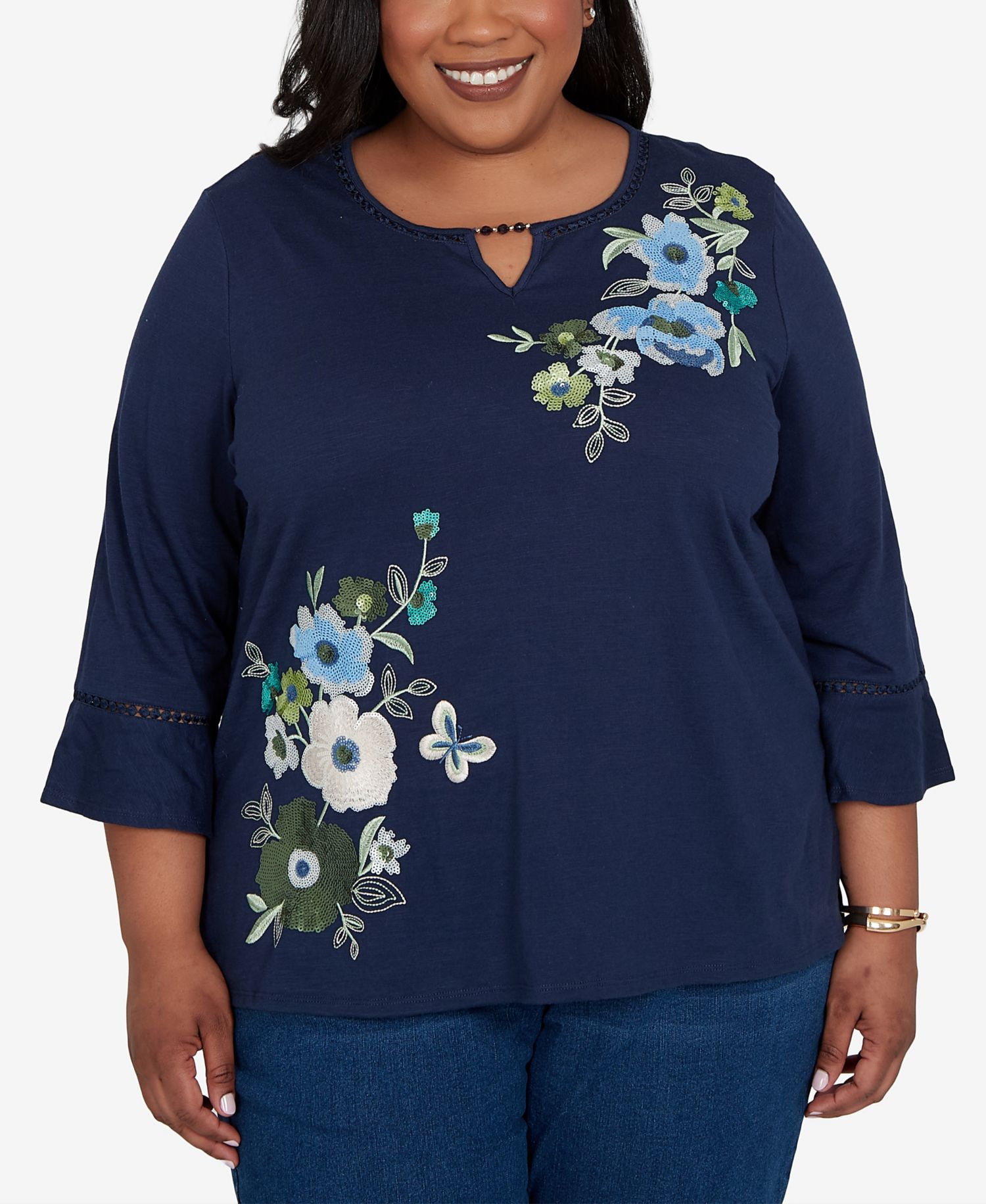 Plus Size Asymmetric Sequin Flowers Knit Top