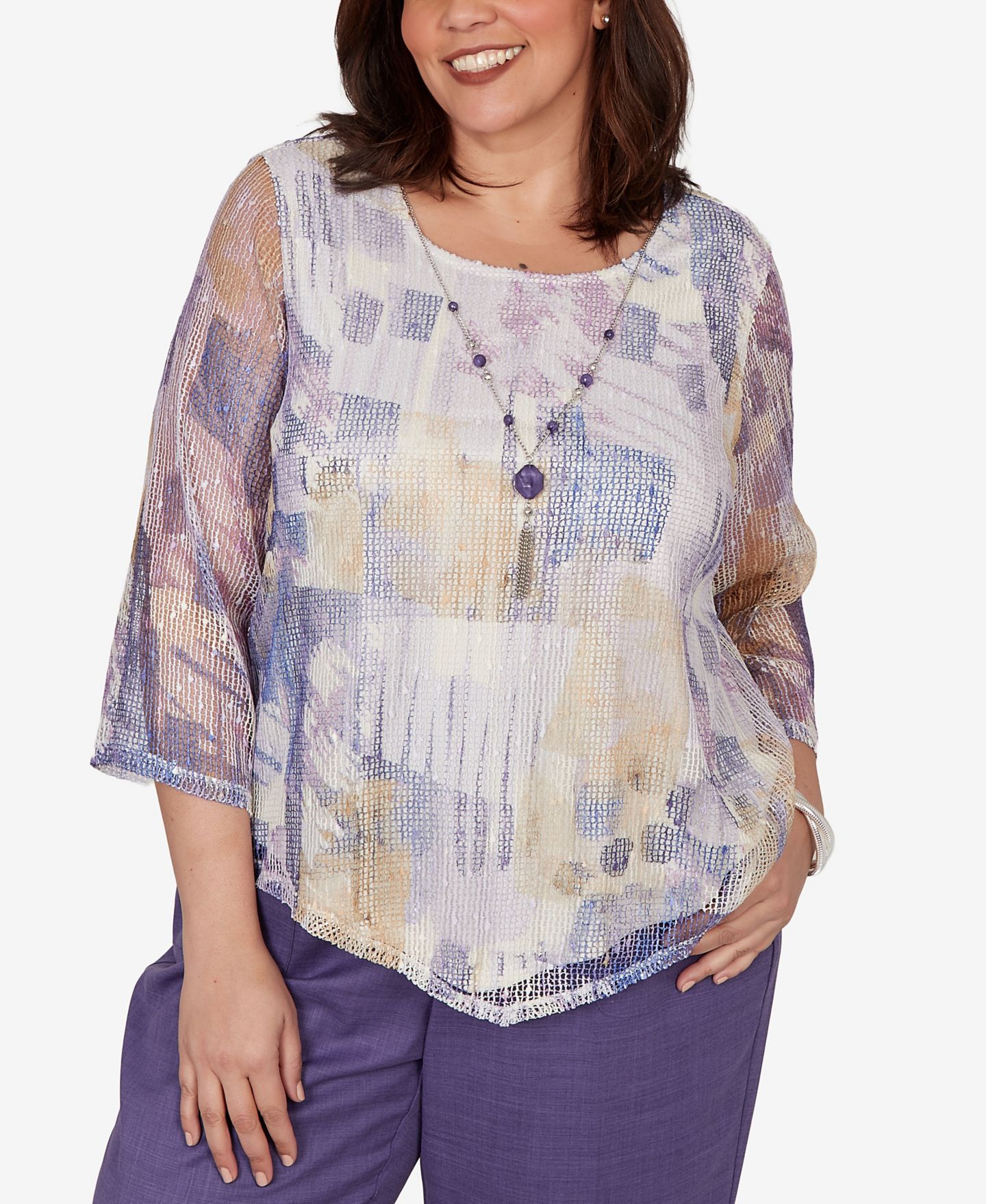 Женский топ Alfred Dunner Plus Size Grand Bazaar Stained Glass Mesh with Necklace, цвет: Разноцветный — фото 1