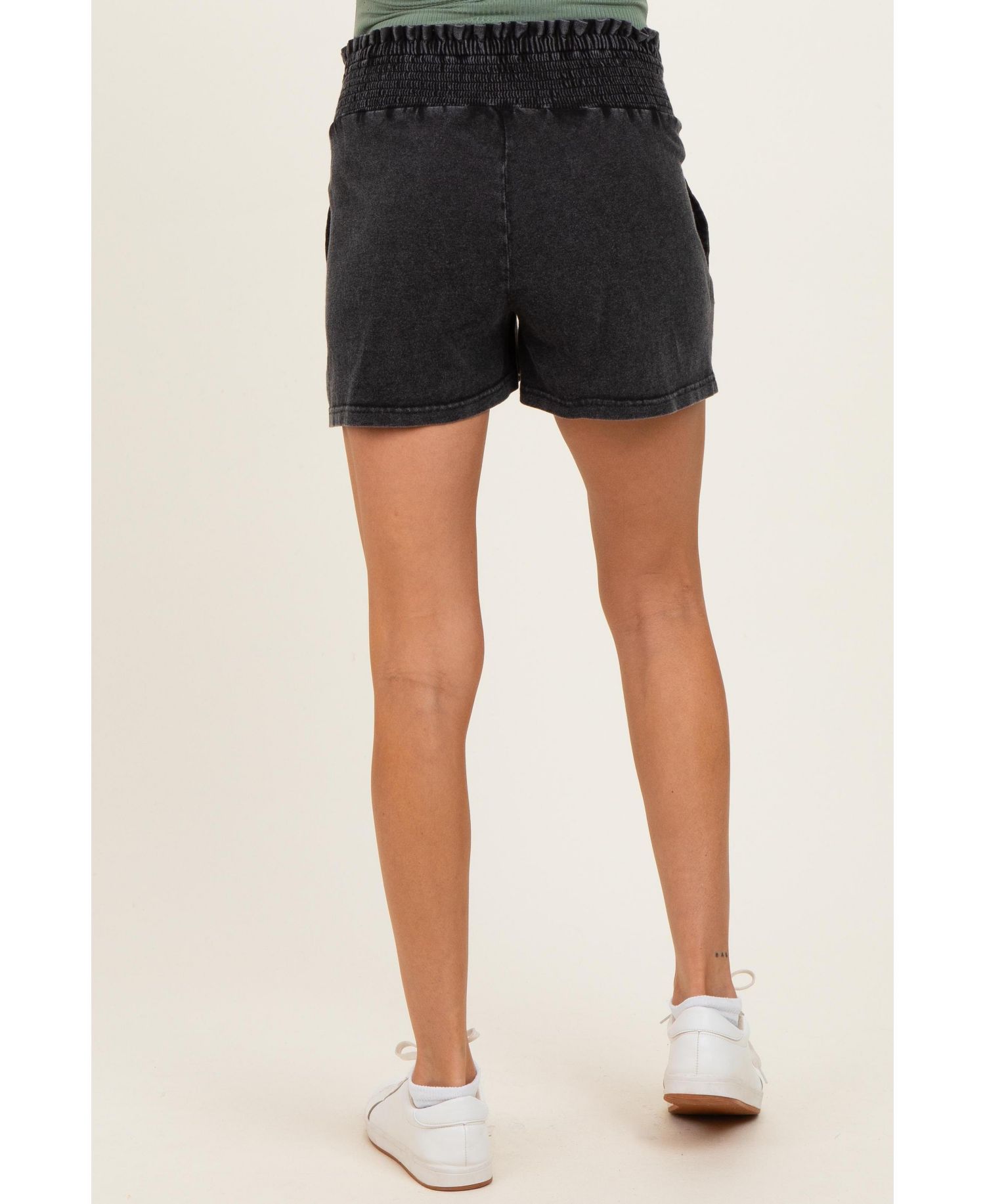 Women's Black Smocked Waist Mineral Wash Shorts