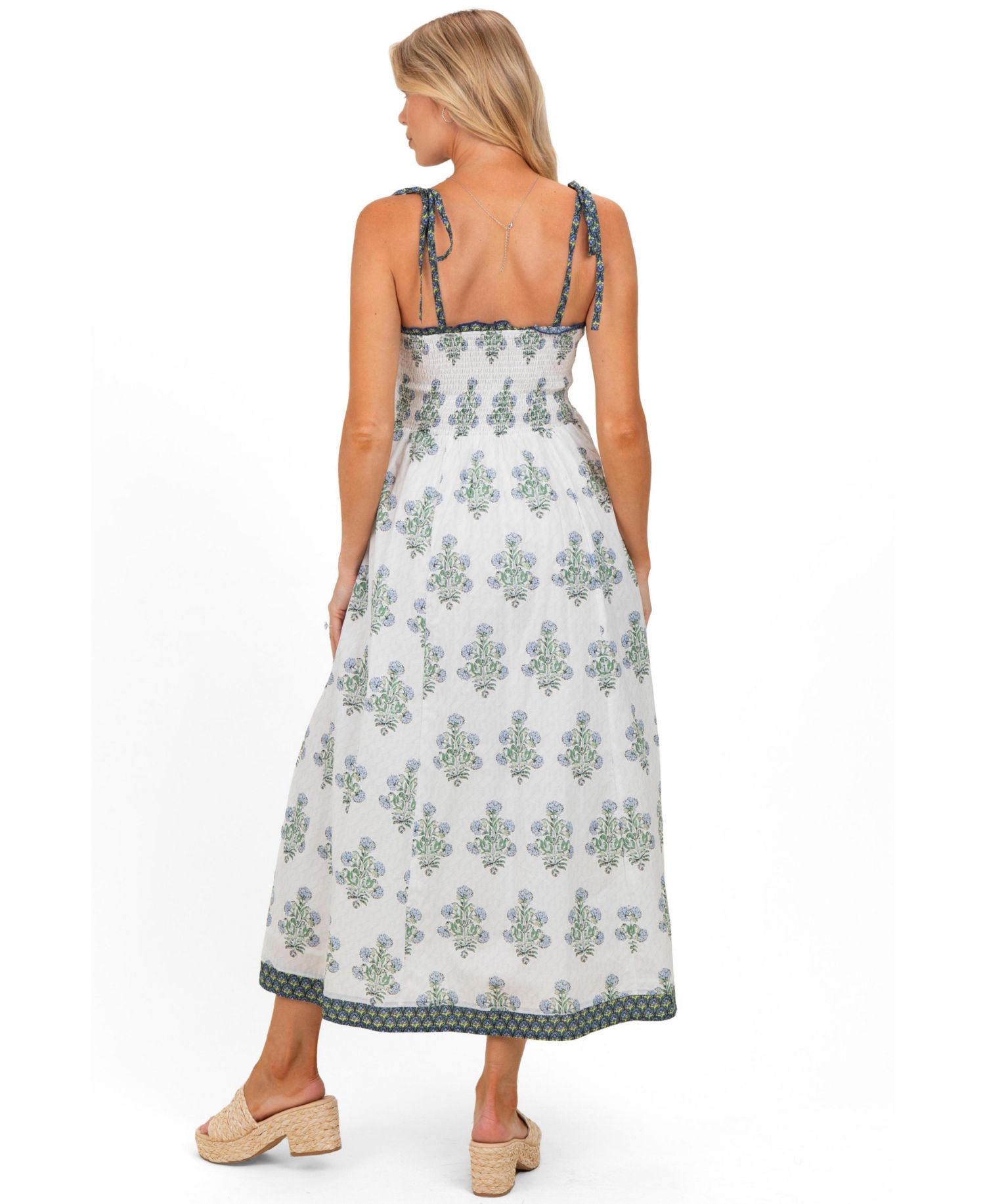 Women's Off White Floral Smocked Shoulder Tie Maxi Dress