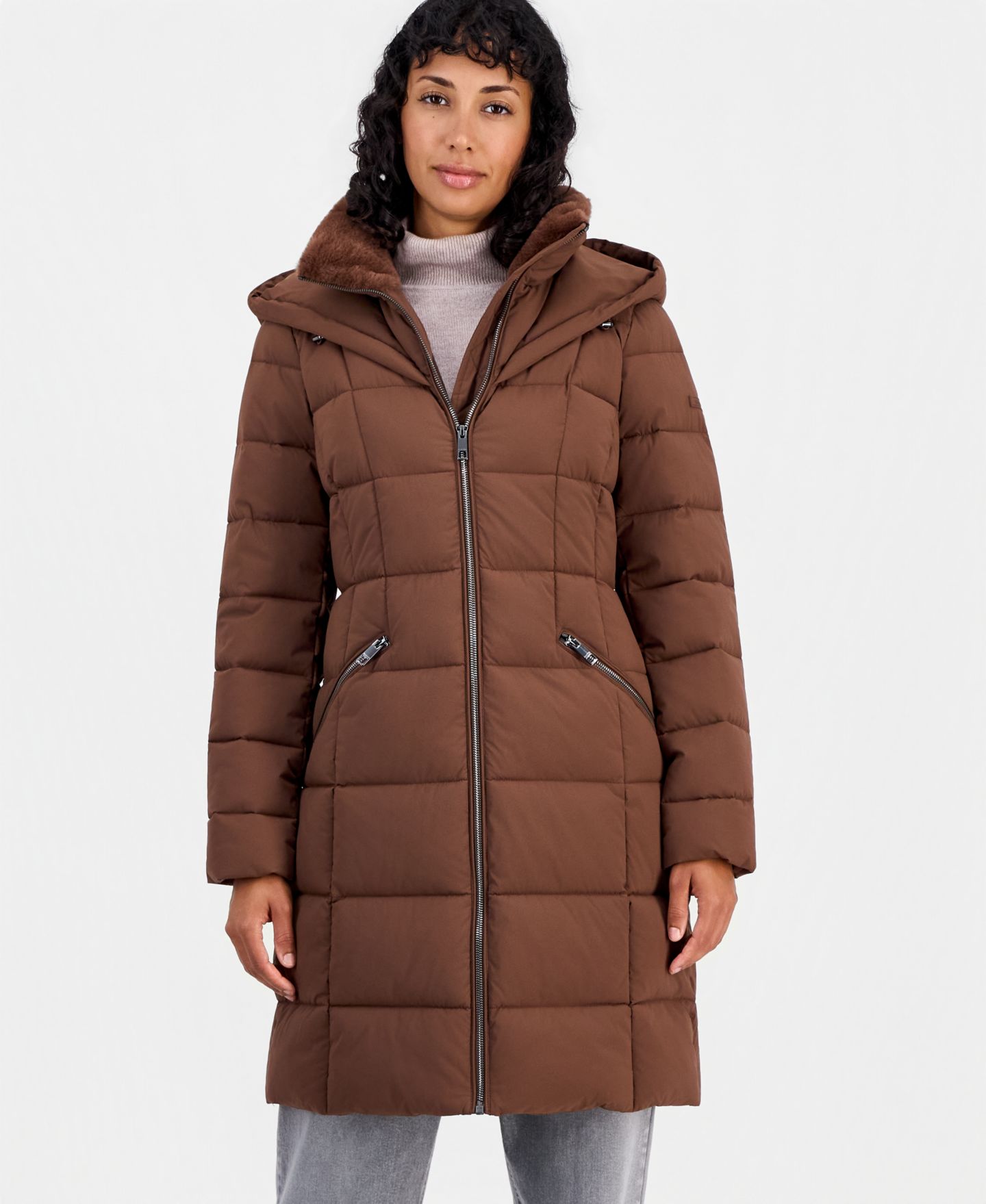 Женская куртка Calvin Klein Hooded Puffer Coat, Created for Macy's, цвет: Cocao — фото 3