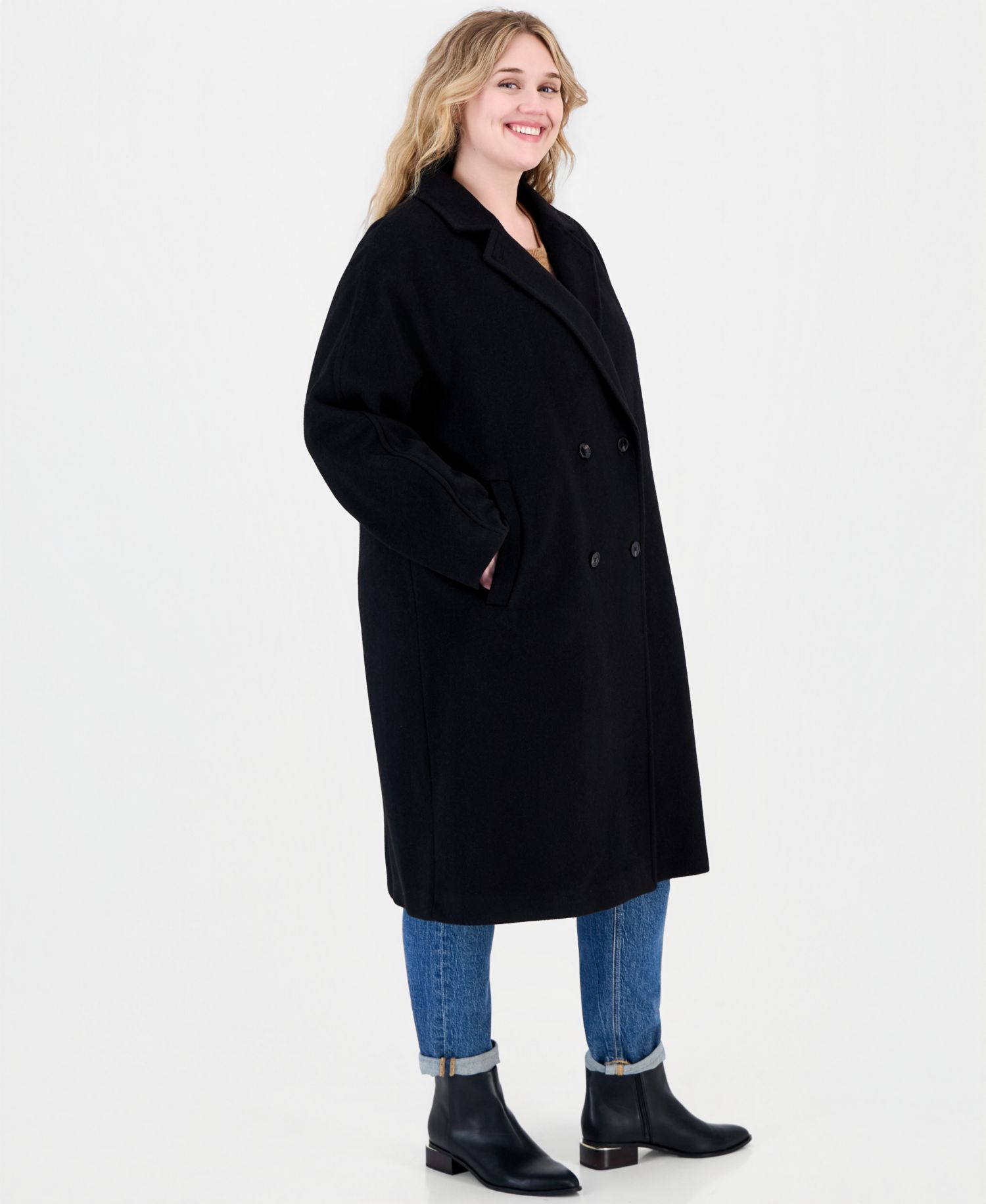 Plus Size Double-Breasted Wool-Blend Notch Collar Coat