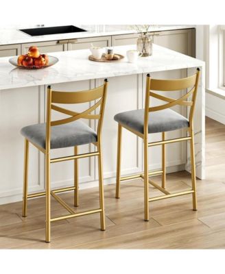 Bar Stools Set of 2, Modern Counter Height Barstool With High Back and Metal Footrest, Upholstered Large Seat Island Stools Bar Chairs