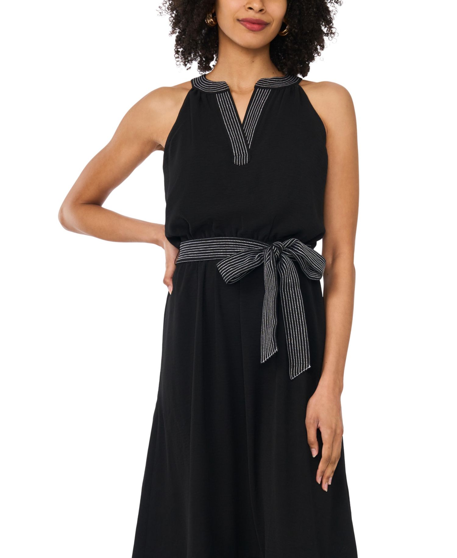 Women's Contrast Trapunto Stitch V-Neck Maxi Dress