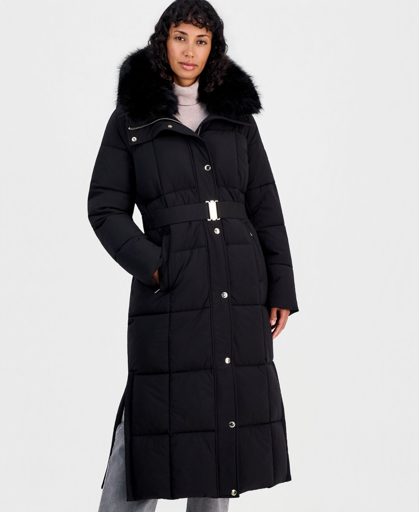 Женская куртка Michael Kors Hooded Puffer Belted Faux-Fur-Collar, цвет: Чёрный — фото 3