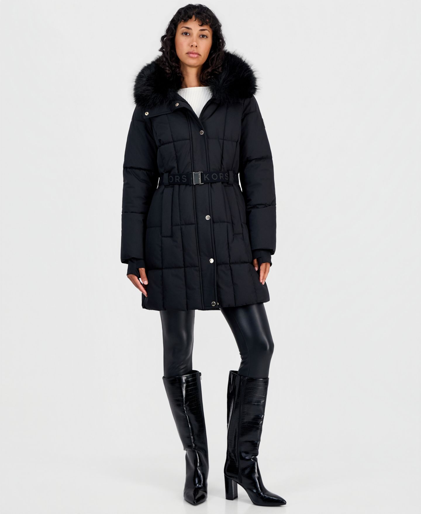 Женская куртка Michael Kors Hooded Quilted Faux-Fur-Trim Puffer, цвет: Чёрный — фото 1