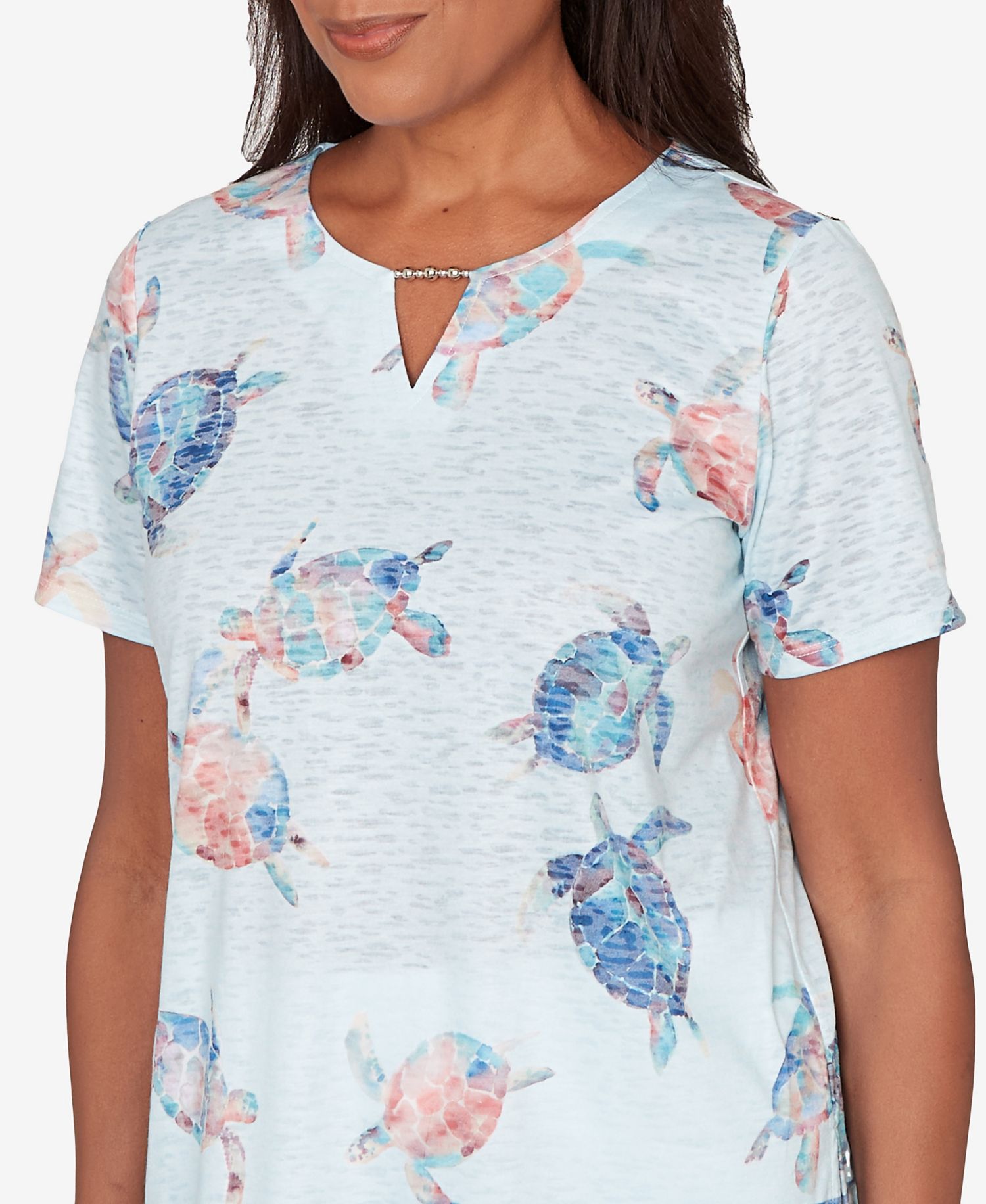 Petite Sea Turtle Border Split Neck Top