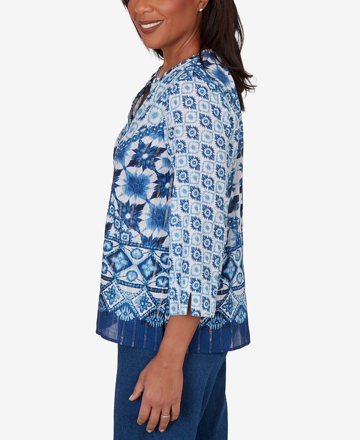 Petite Ikat Tie-Dye Patchwork Henley Top