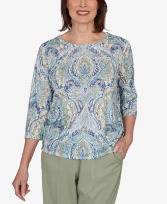 Petite Indigo Girls Medallion Print Braided Neck Top