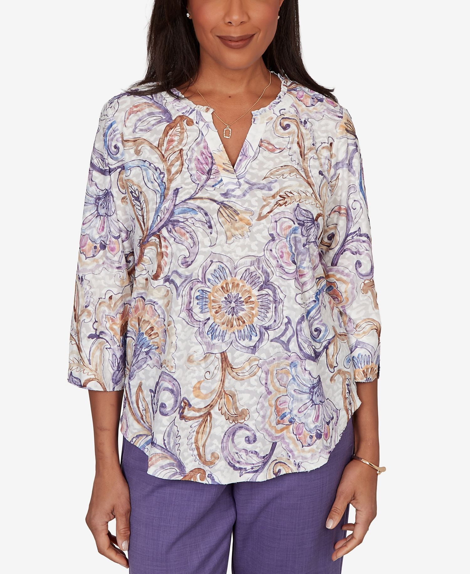 Petite Grand Bazaar Jacobean Floral Split Neck Top
