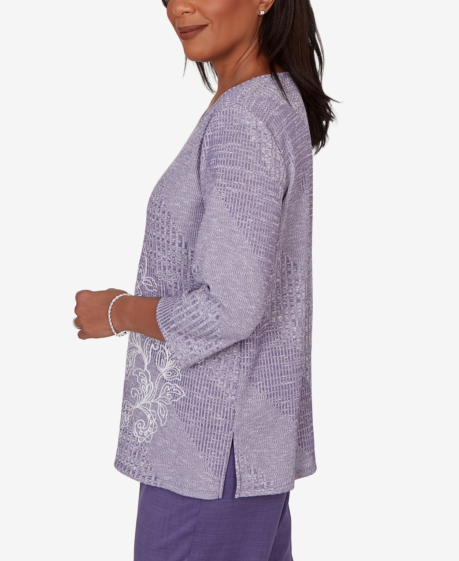 Petite Grand Bazaar Embroidered Diagonal Textured Knit Top