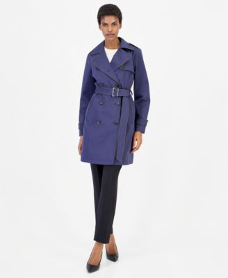 Women's Faux Leather-Trim Button-Front Trench Coat