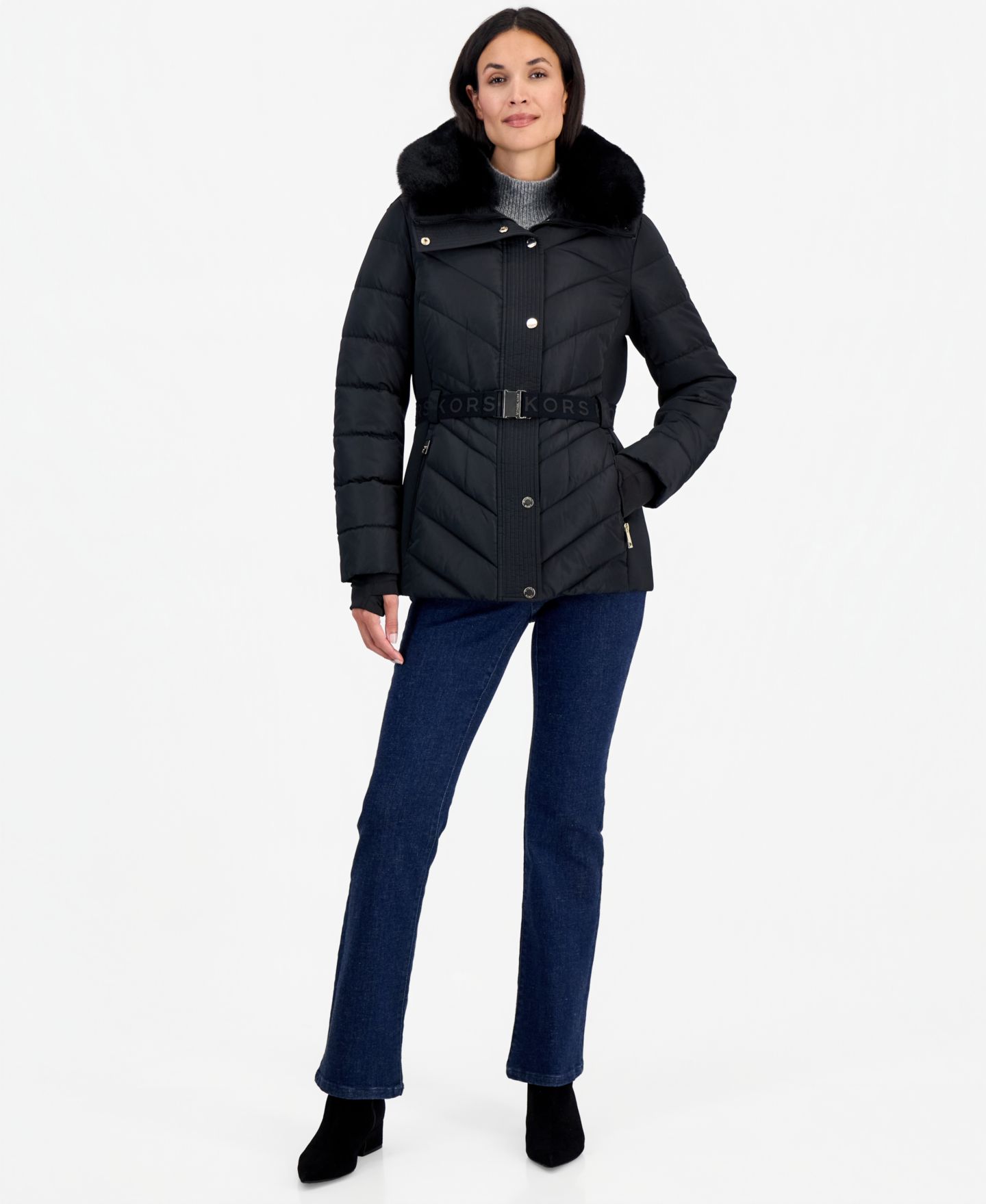 Женская куртка Michael Kors Belted Hooded Faux Fur Collar Puffer, цвет: Чёрный — фото 3