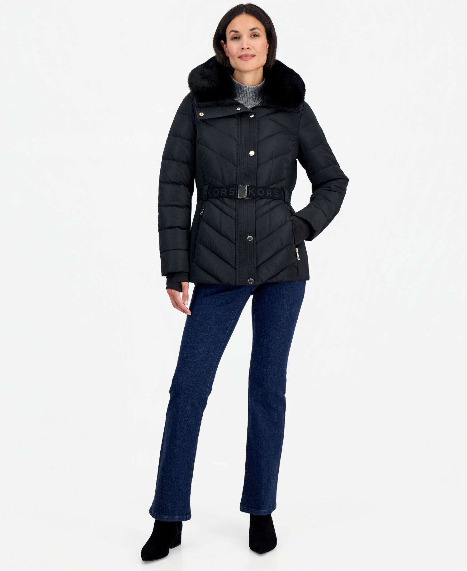Michael Kors Women's Belted Hooded Faux Fur Collar Puffer Coat