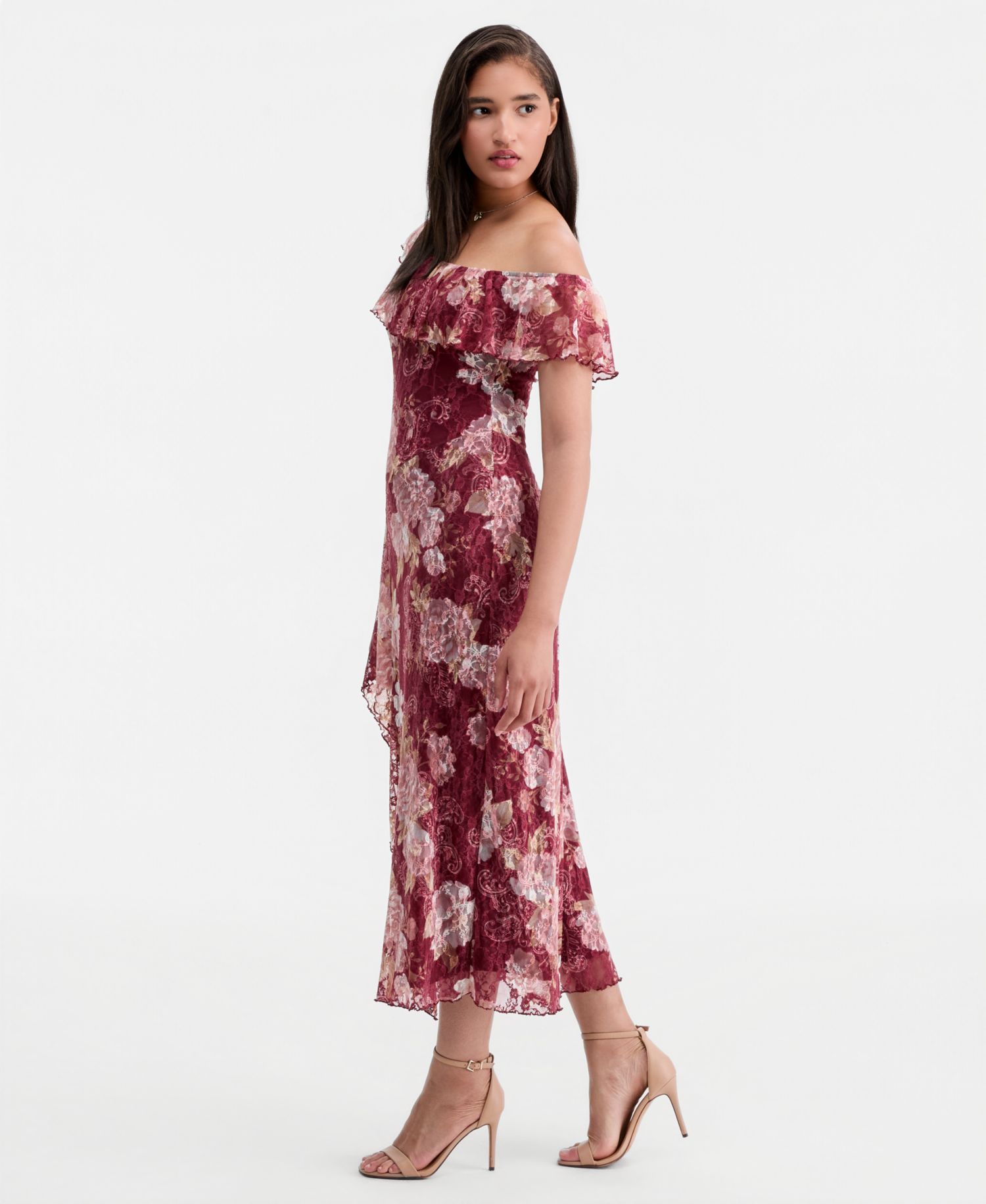 Juniors' Floral Printed Lace One-Shoulder Ruffle Midi Dress