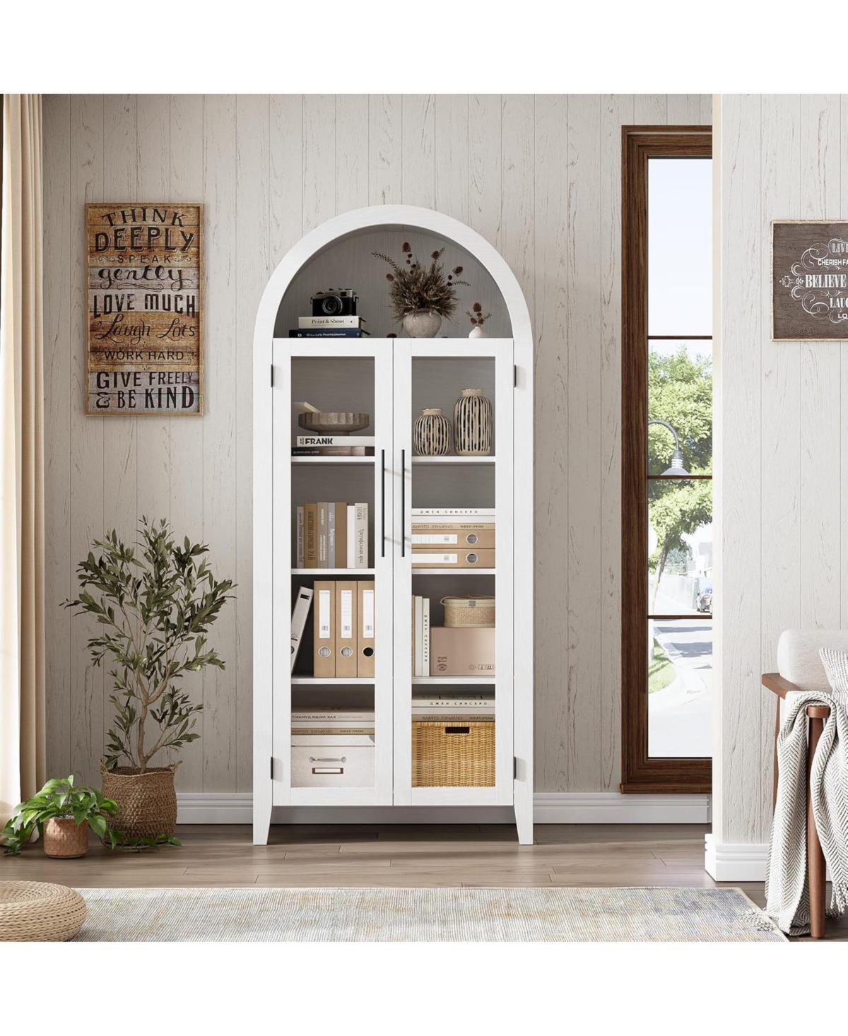gaomon Tier Open Display Shelf with Glass Doors, Farmhouse Storage Cabinet for Kitchen