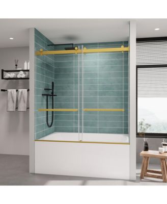 Frameless Bathtub Shower Doors 56-60 W x 60 H, Double Sliding Tub Shower Door with Tempered Glass 5/16"(8mm), Brushed Gold