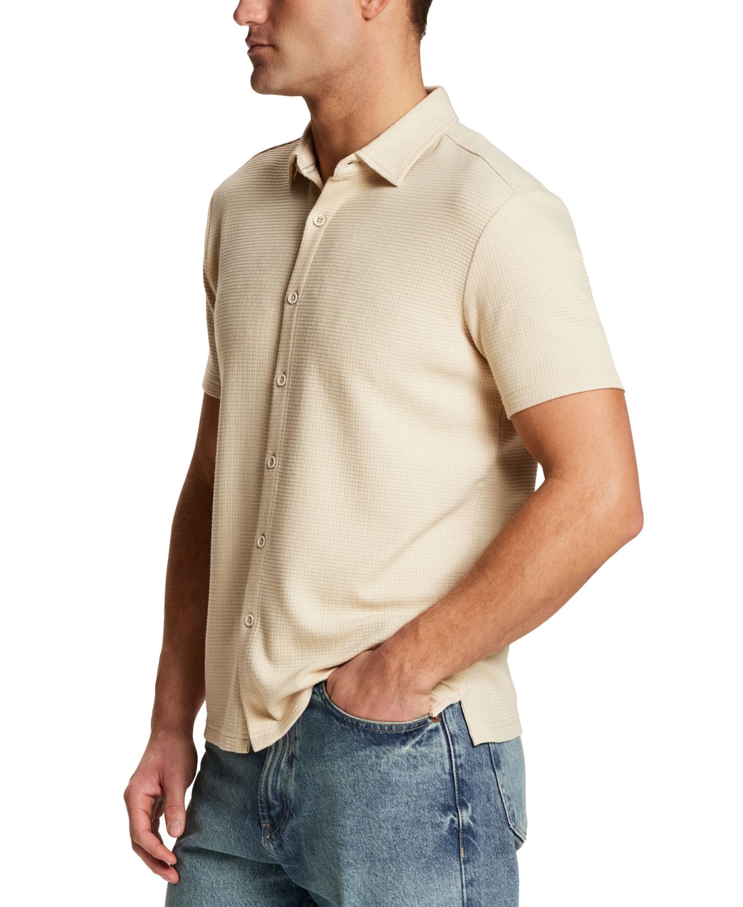 Men's Solid Waffle Coat Front Short-Sleeve Shirt