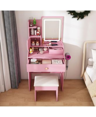 3-Color LED Vanity Mirror with Stool and 7 Storage Compartments