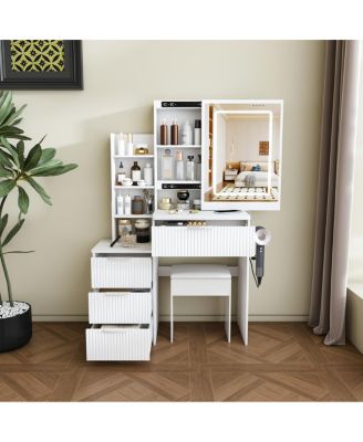 Modern Vanity Desk with LED Mirror, 4 Drawers, Storage Shelves and Stool