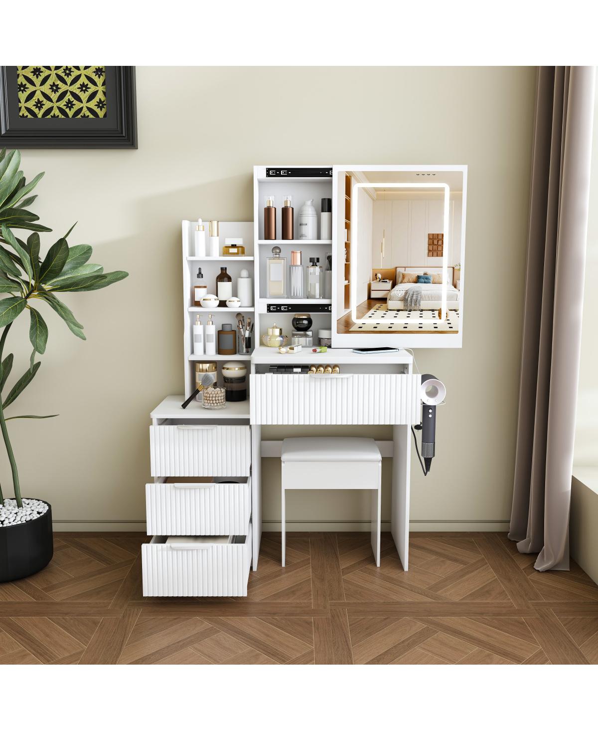Streamdale Furniture Modern Vanity Desk with Led Mirror, 4 Drawers, Storage Shelves and Stool