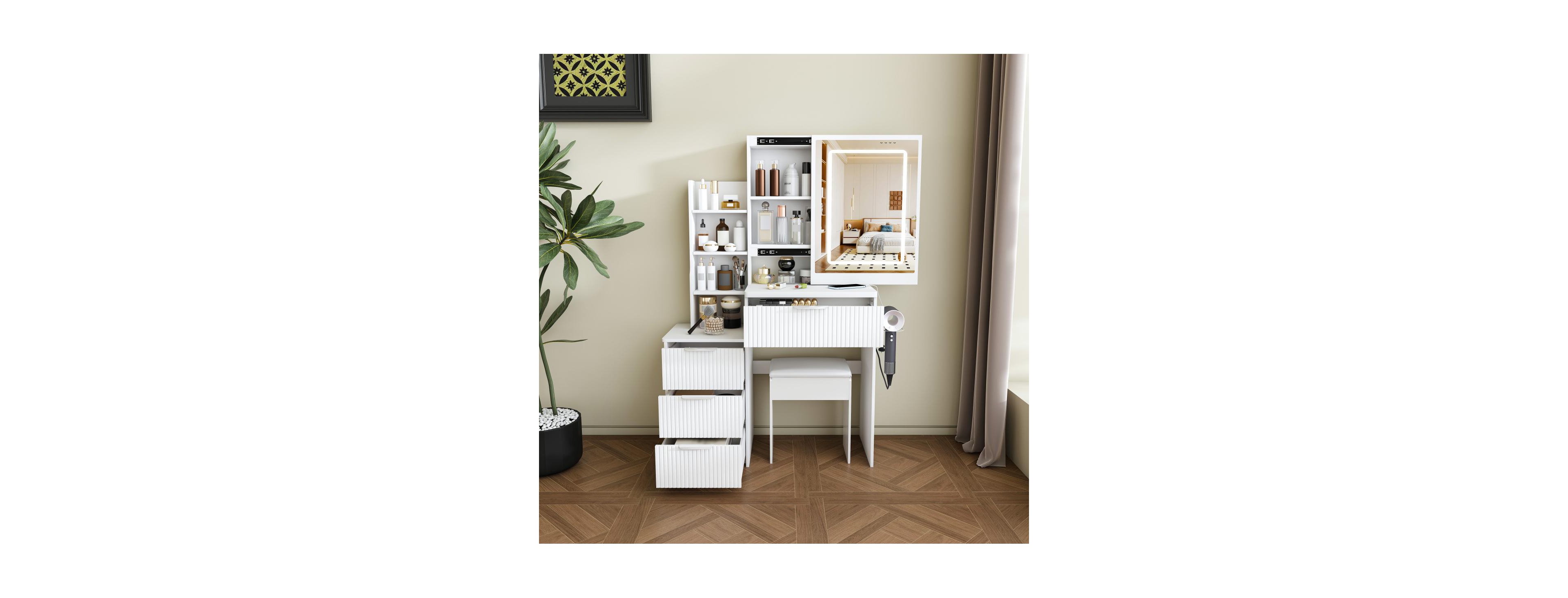 Streamdale Furniture Modern Vanity Desk with Led Mirror, 4 Drawers, Storage Shelves and Stool
