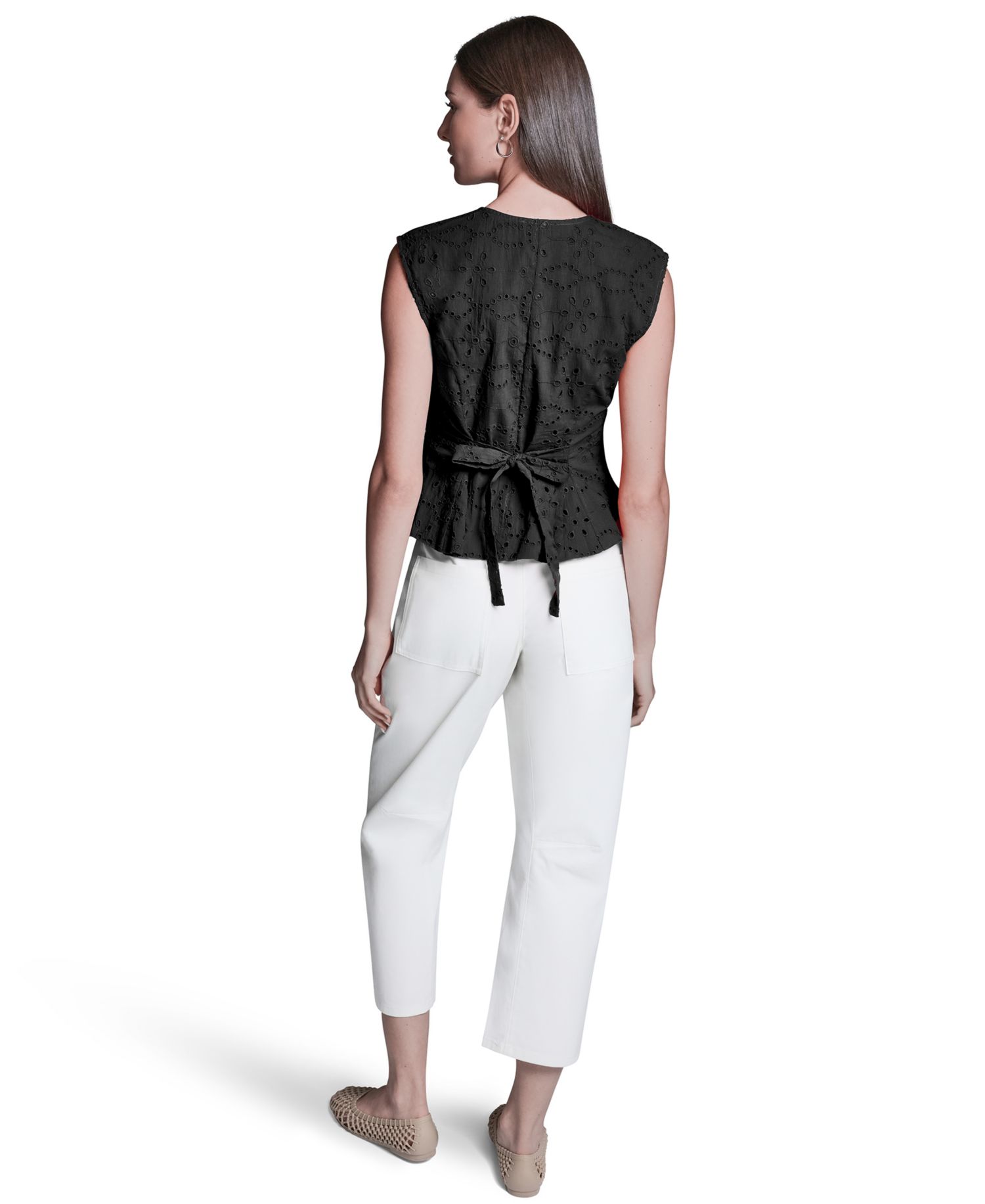 Women's Eyelet Detail Sleeveless Square Neck Peplum Top