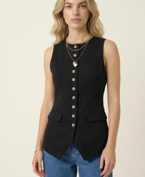 Женский жилет Modenaire Longline Button Front Flap Pocket, цвет: Чёрный