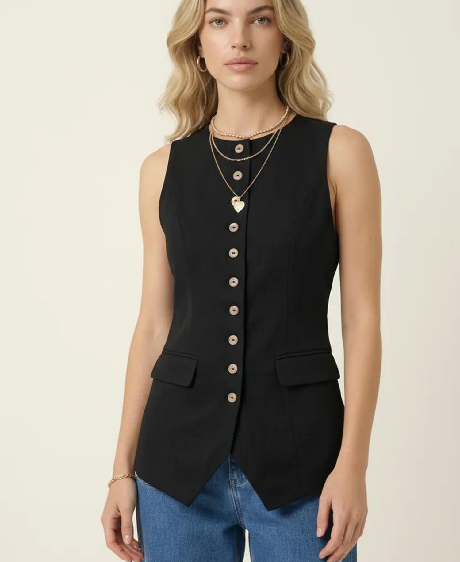 Women's Longline Button Front Flap Pocket Vest