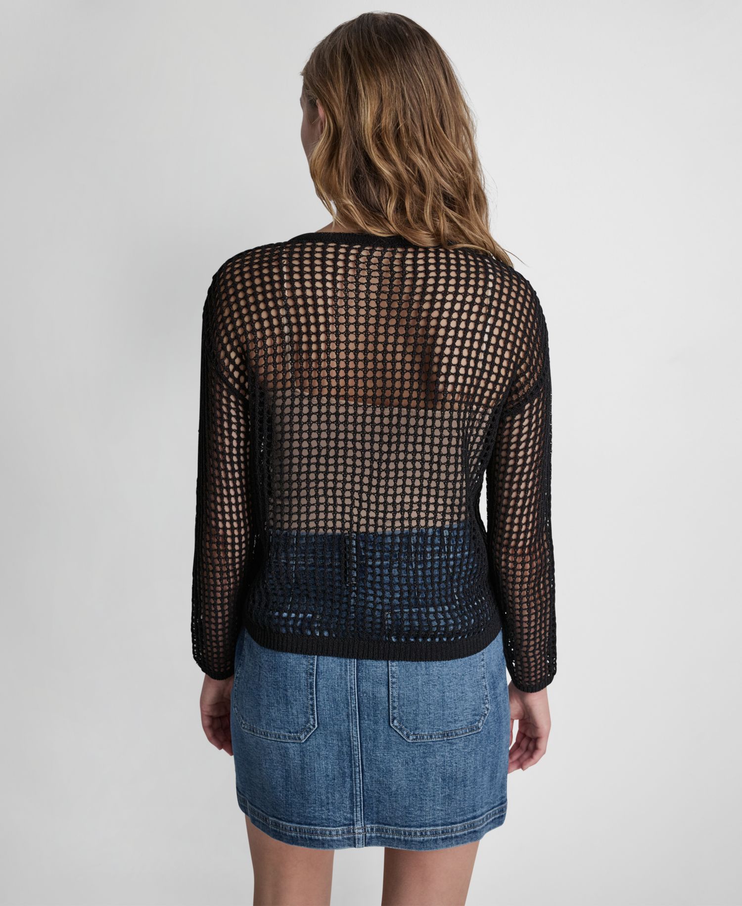 Petite Long-Sleeve Pointelle Crochet Open-Stitch Boat Neck Logo Sweater