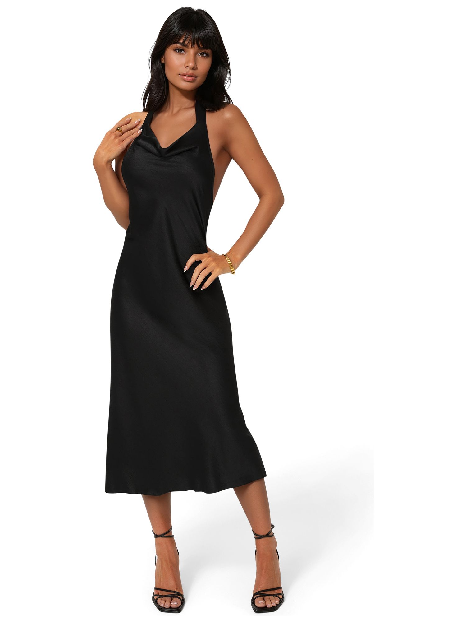 Women's Satin Halter Front Cowl Neck Midi Dress