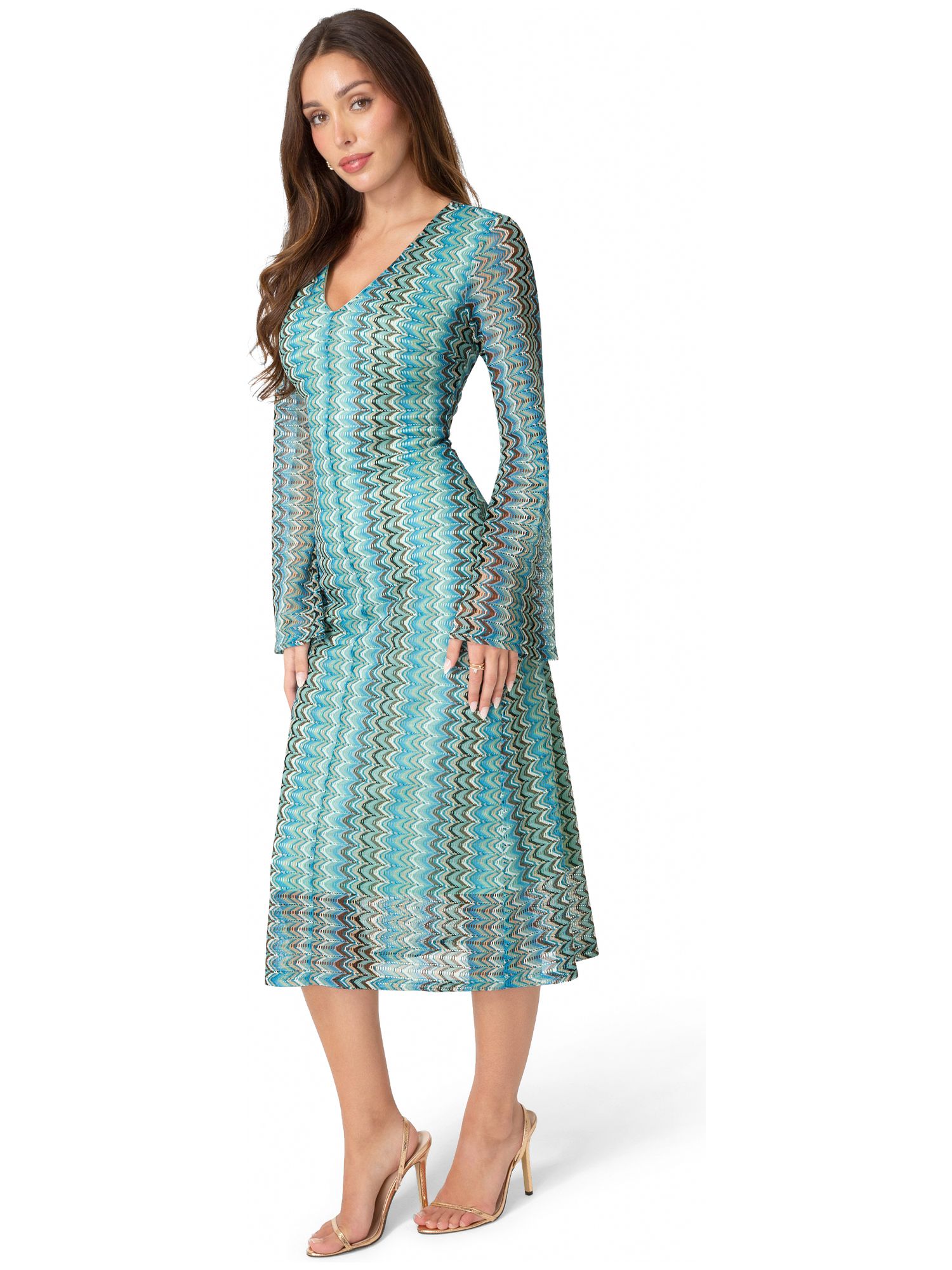 Women's Crochet Stripe Bell Sleeve Maxi Dress