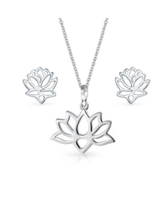 Open Lily Flower Zen Lotus Pendant Necklace and Stud Earrings Jewelry Set