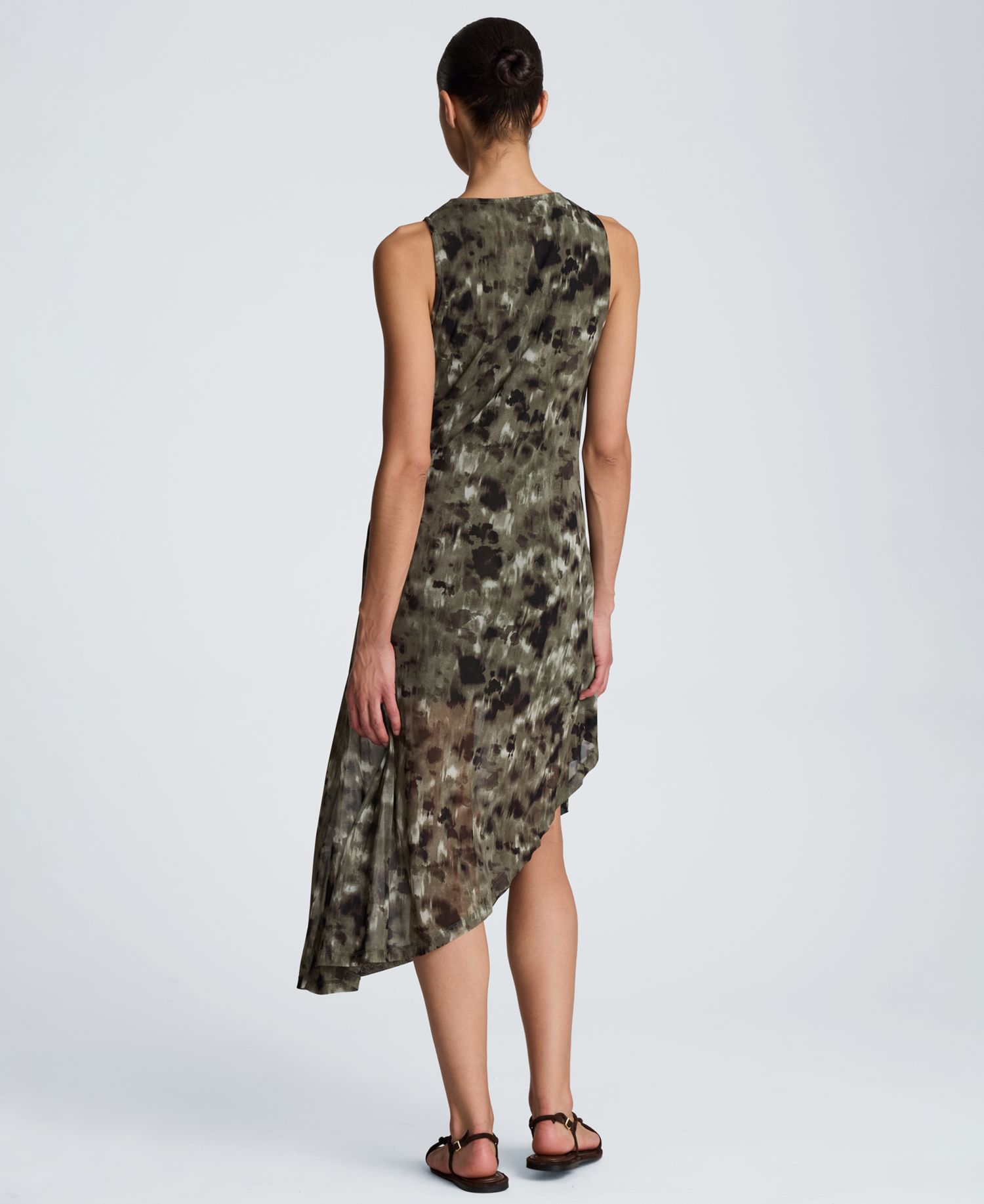 Women's Sheer Mesh Overlay Asymmetric Hem Midi Dress