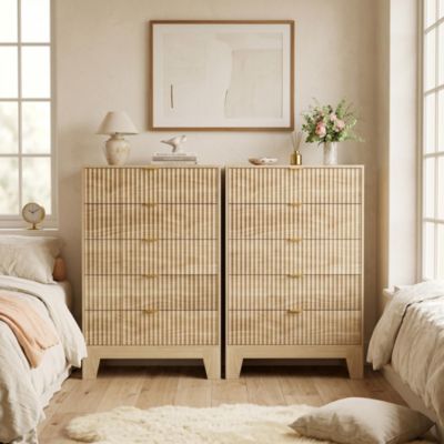 2 Set of 5 Drawer Dresser with Wave Pattern, Vertical Storage Tower with Gliding Drawers, Versatile Cabinet for Bedroom, Easy Assembly