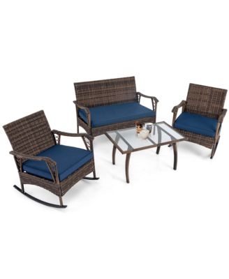Set of 4 Wicker Rocking Set with Loveseat and Coffee Table Heavy-Duty Metal Frame