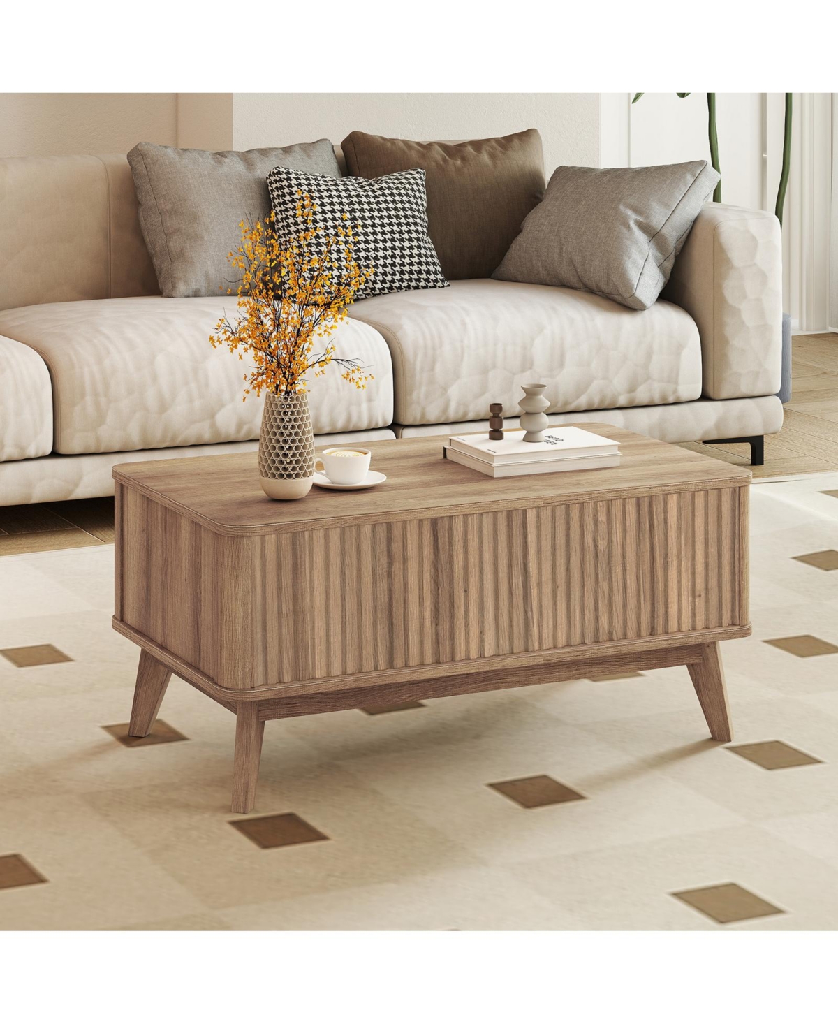 Gymax Fluted Lift Top Coffee Table with Lift Tabletop Hidden Compartments for Home