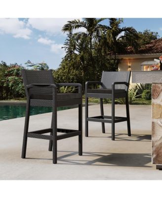set of 2 black wicker outdoor bar stools with armrests and cushions, perfect for patio, balcony, garden, pool, or deck seating.