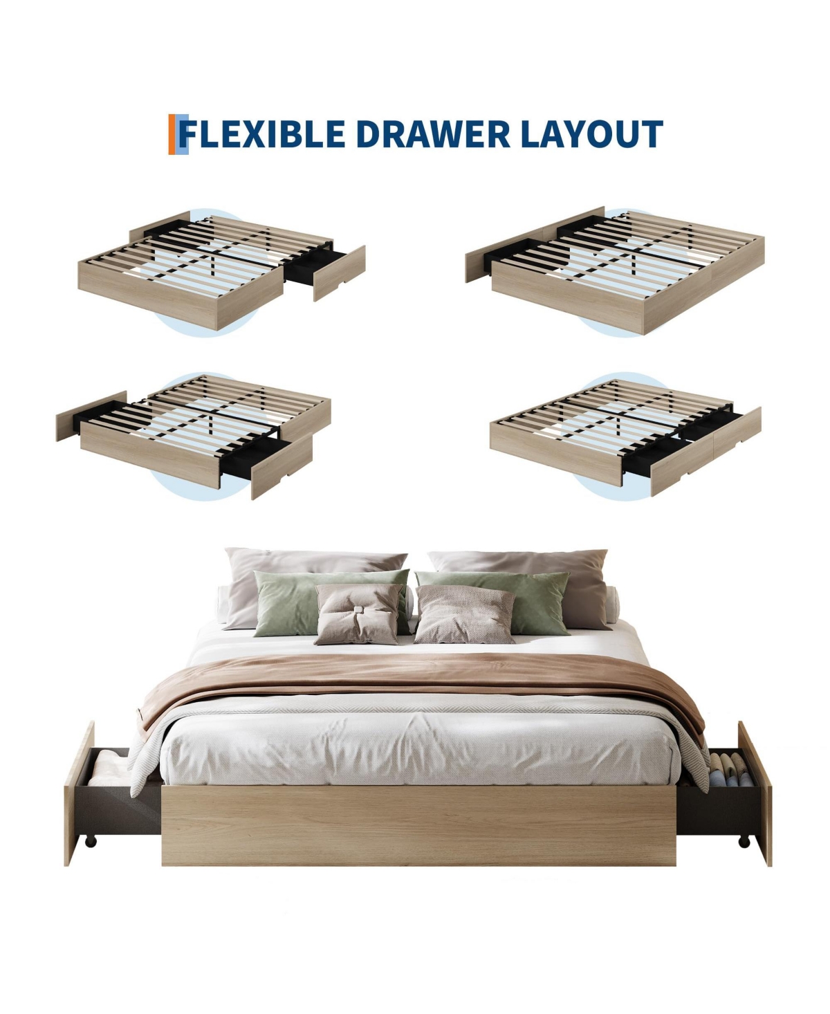 Gaomon California Bed Frame with 2 Storage Drawers, No Headboard, Wood Slat Support, Noise Free