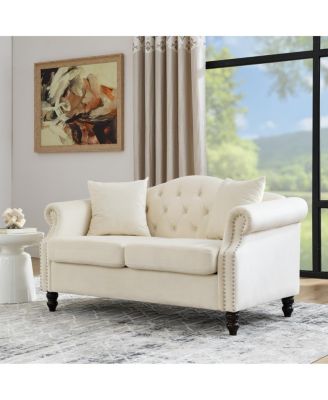  Faux Leather Chesterfield Sofa with Nailhead Trim and 2 Pillows