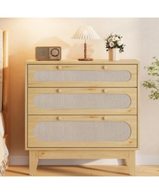 Modern Rattan 3 Drawer Dresser for Bedroom - Wooden Farmhouse Storage Chest with Handles and Anti-Tip Kit - Slim Bedside Cabinet, Bedside Table