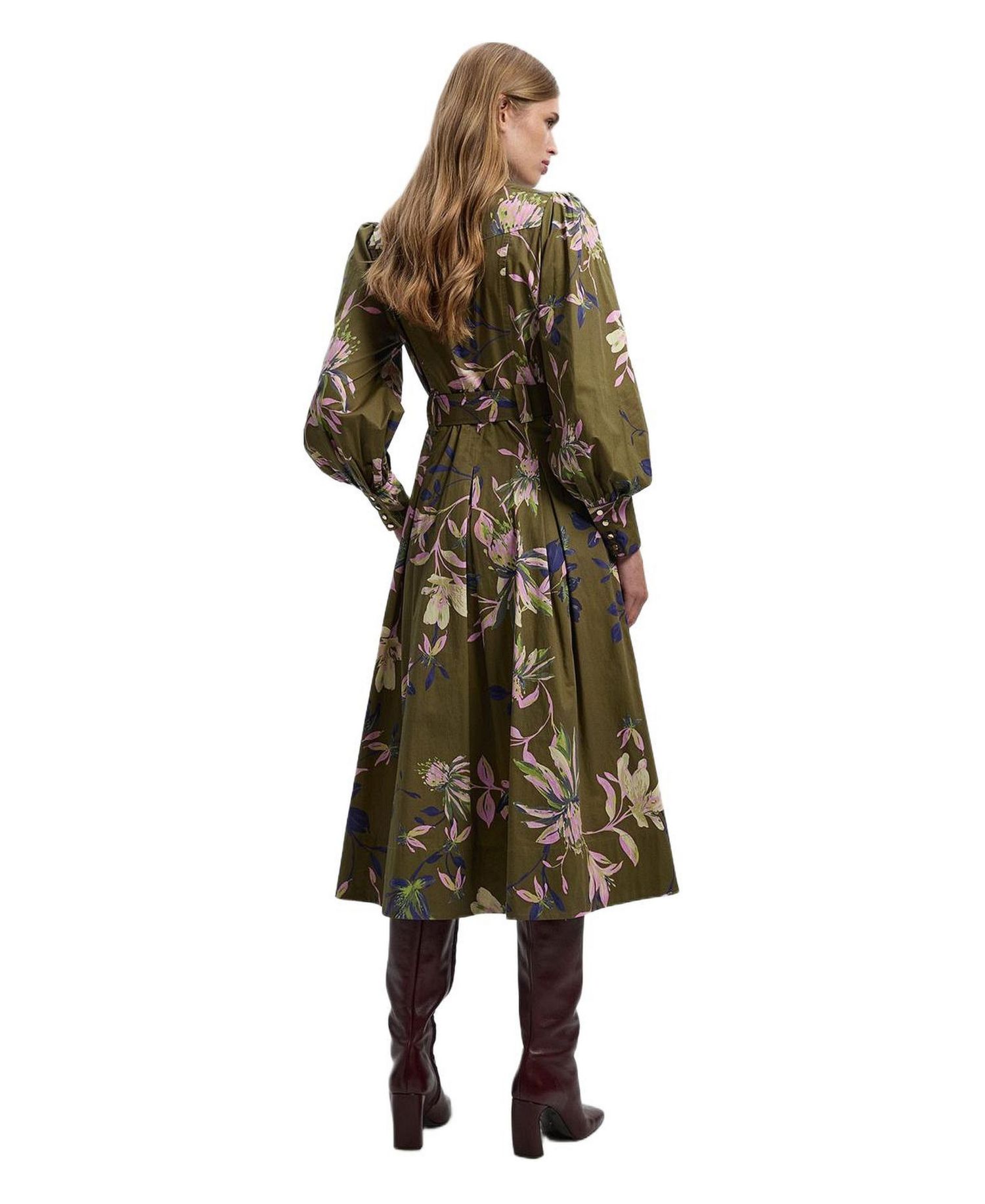 Women's Floral Cotton Sateen Midi Shirt Dress