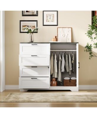 Multifunctional Wooden Dresser for Bedroom, 43.3'' H 2 Door Wardrobe Armoire Closet with 4 Drawers and Hanging Rod, Storage Cabinet