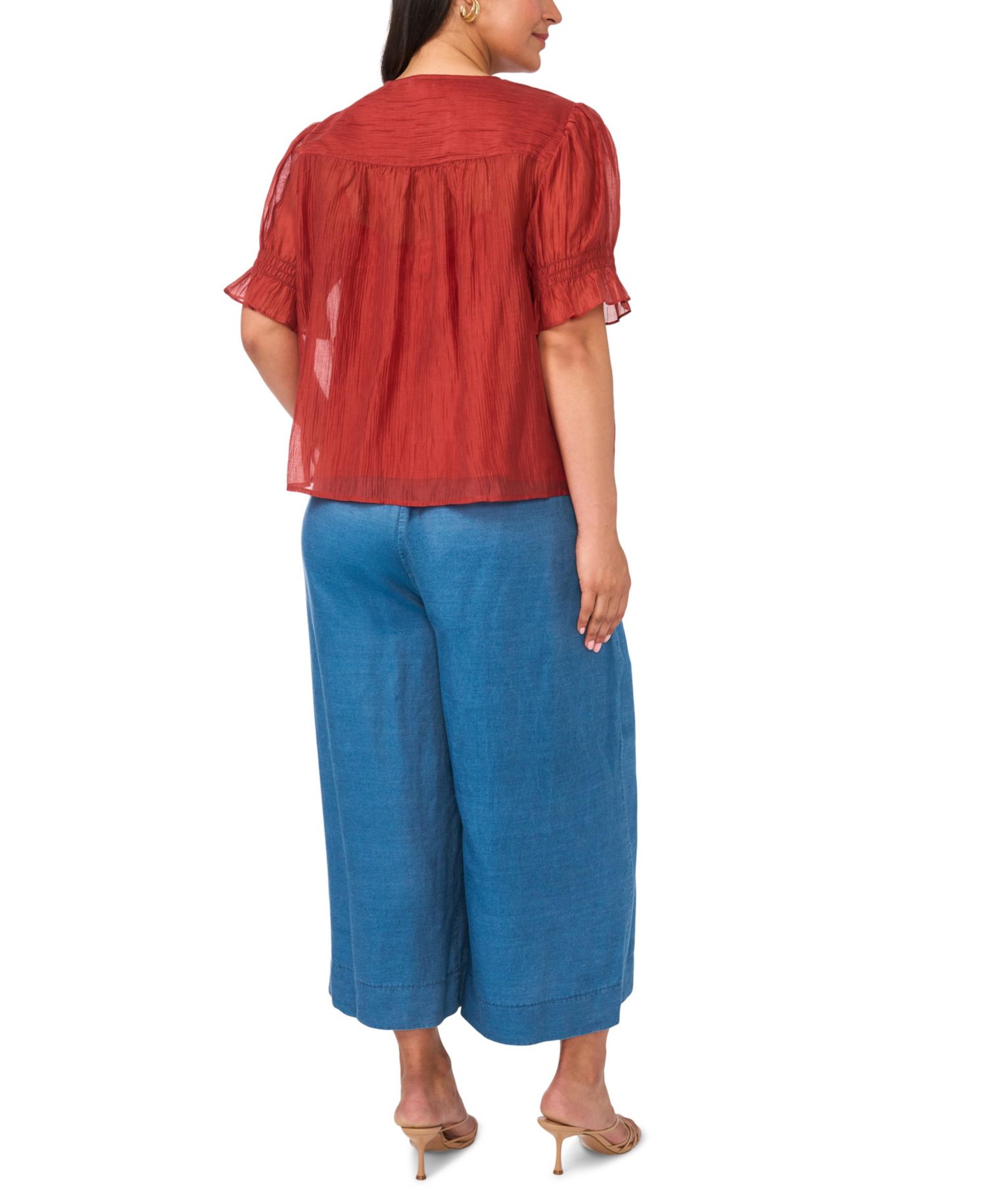 Plus Size V-Neck Puff-Sleeve Pintuck Top